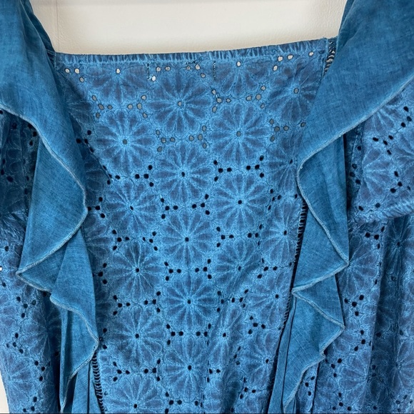 On The Road Blue Acid Wash Eyelet Ruffle Boho Hippie Top - Picture 7 of 8